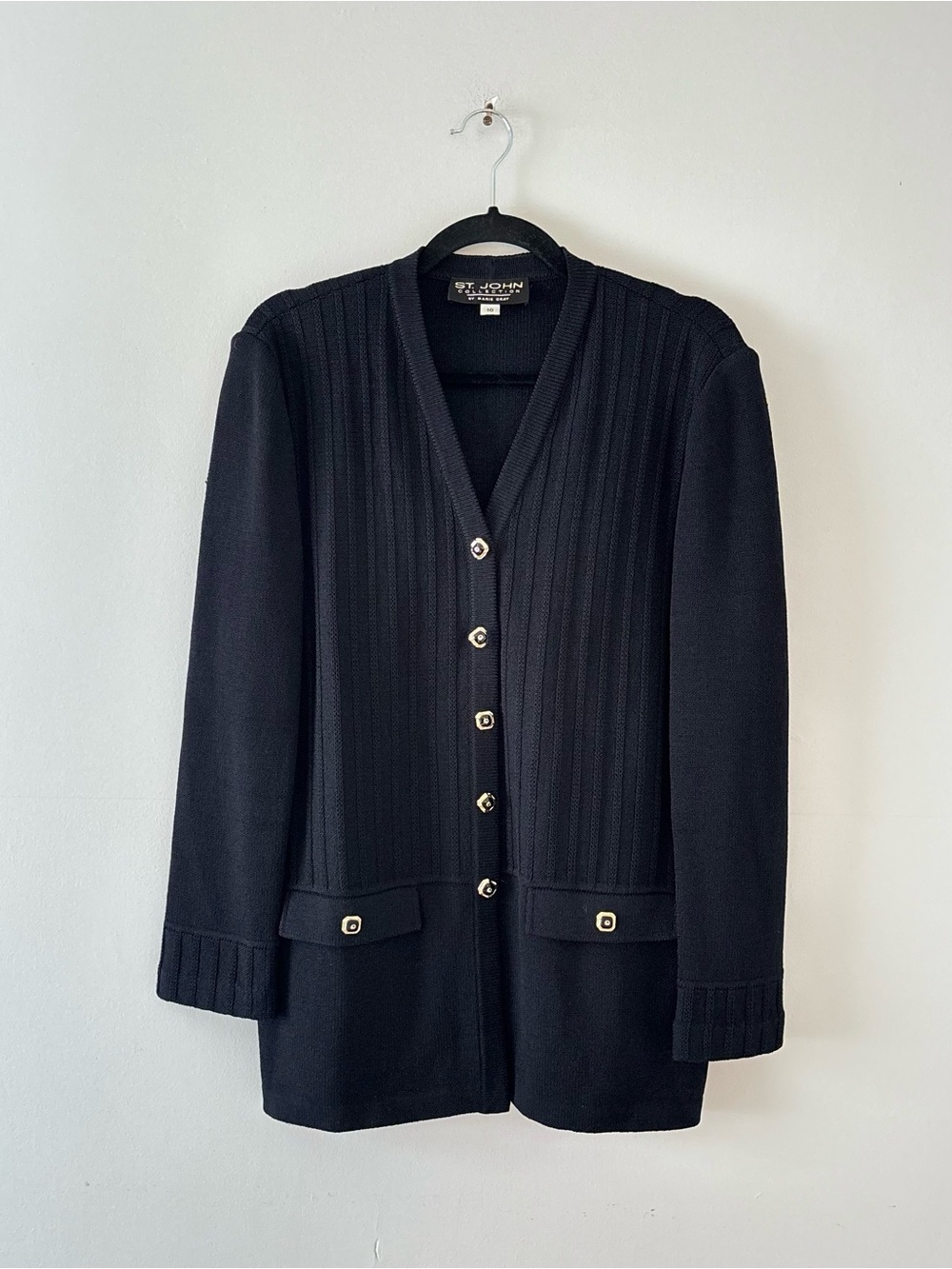 St. John Collection Ribbed Knit Cardigan Sweater Crested Gold Buttons Black